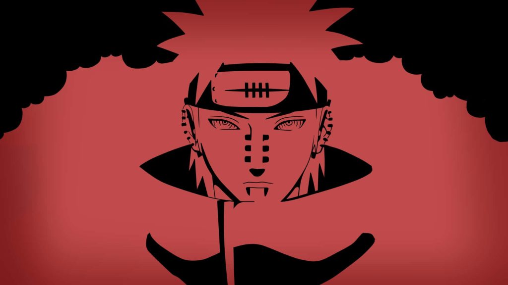 Naruto Shippuden Pain silhouette with glowing Rinnegan eyes on dark red background wallpaper