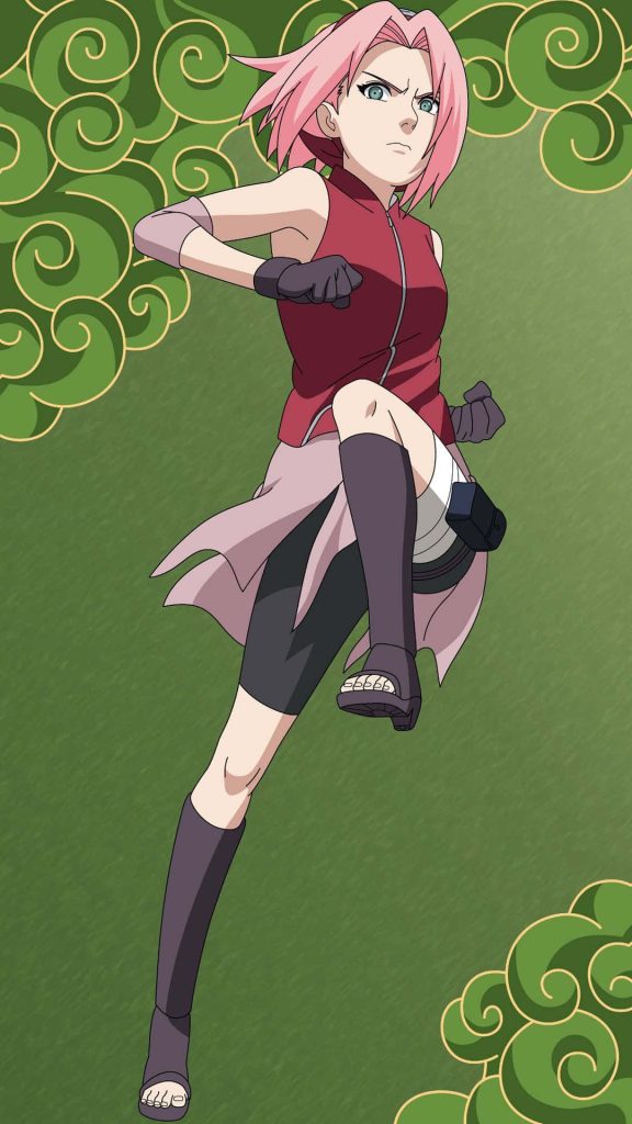 Sakura Haruno Naruto Shippuden wallpaper mid-air pose vibrant green swirl background anime art