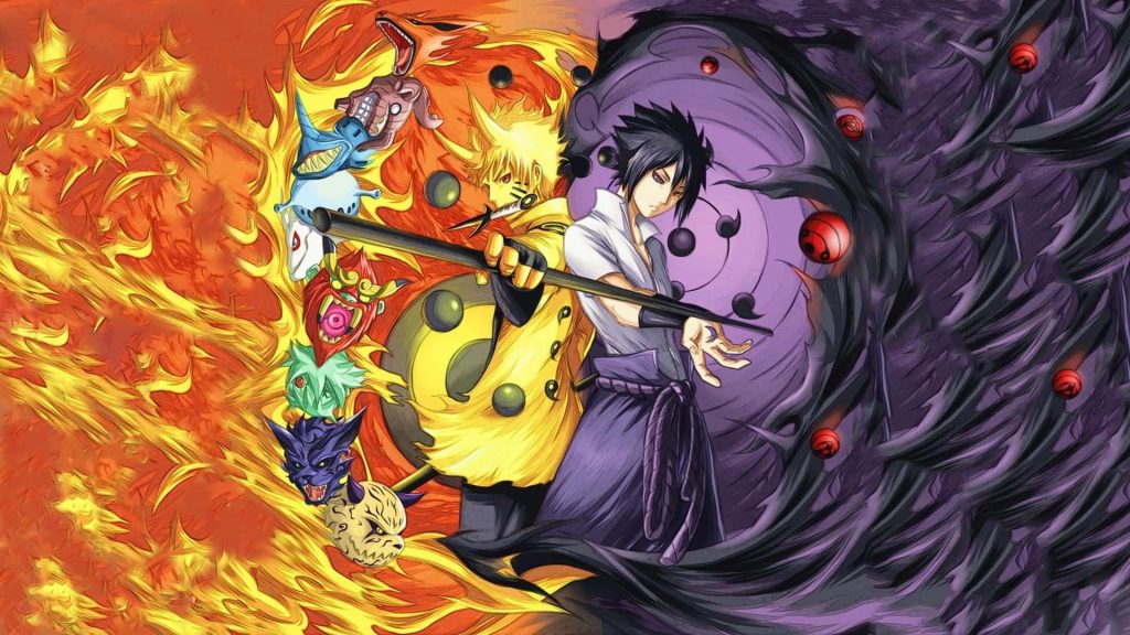 Naruto glowing Six Paths Sage power with Tailed Beasts Sasuke dark purple Rinnegan energy anime wallpaper