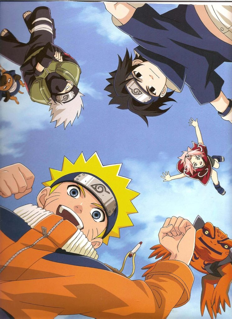 Naruto Team 7 anime wallpaper with Naruto Sasuke Sakura Kakashi jumping blue sky toad companion