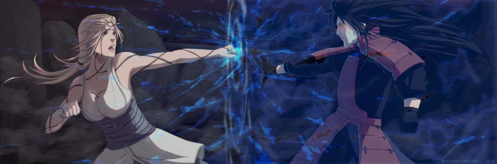 Tsunade vs Madara Uchiha intense battle Naruto wallpaper with blue chakra barrier and rocky background