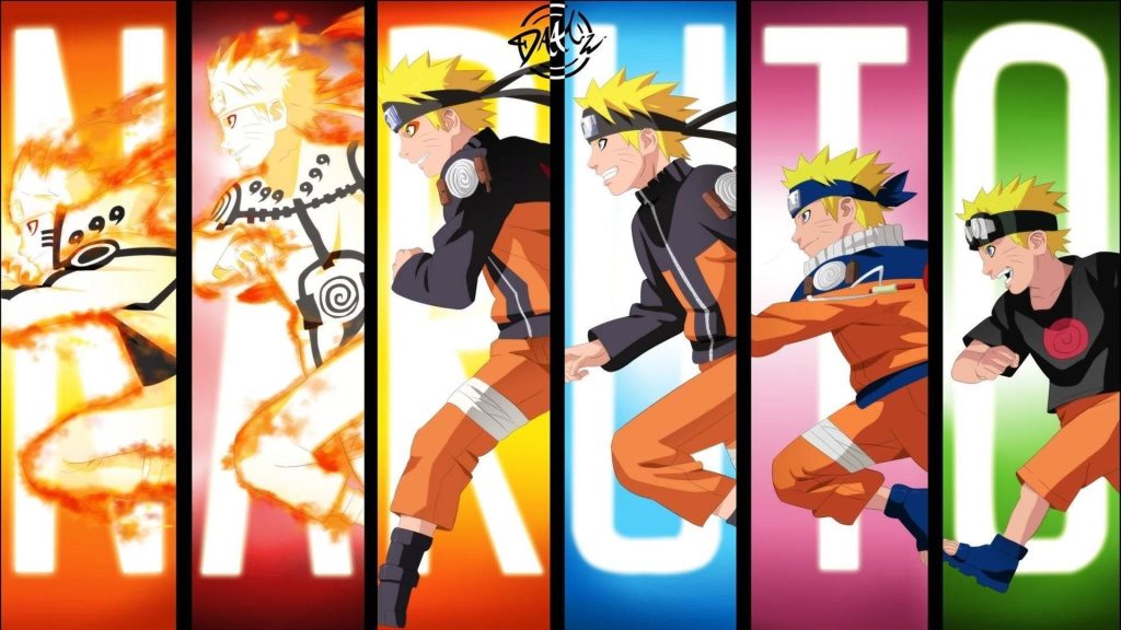 Naruto Uzumaki laptop wallpaper showing five vibrant stages from Genin to Baryon Mode evolution