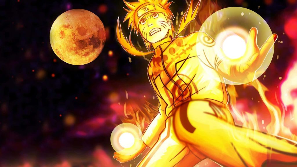 Naruto Uzumaki Nine-Tails Chakra Mode anime wallpaper with dual energy spheres and fiery glow