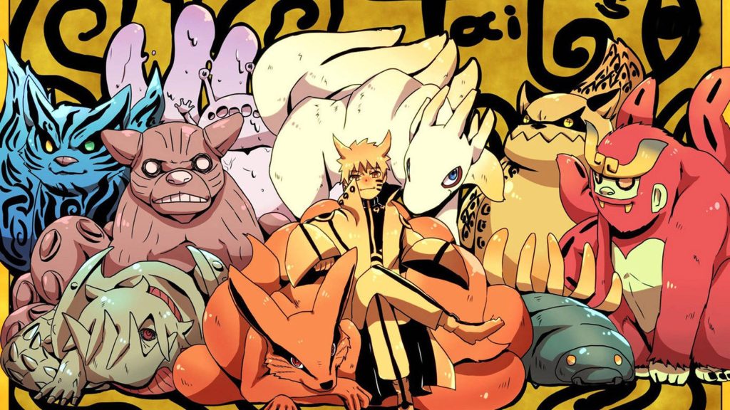 Naruto Uzumaki in Nine-Tails Chakra Mode with all nine Tailed Beasts vibrant anime wallpaper