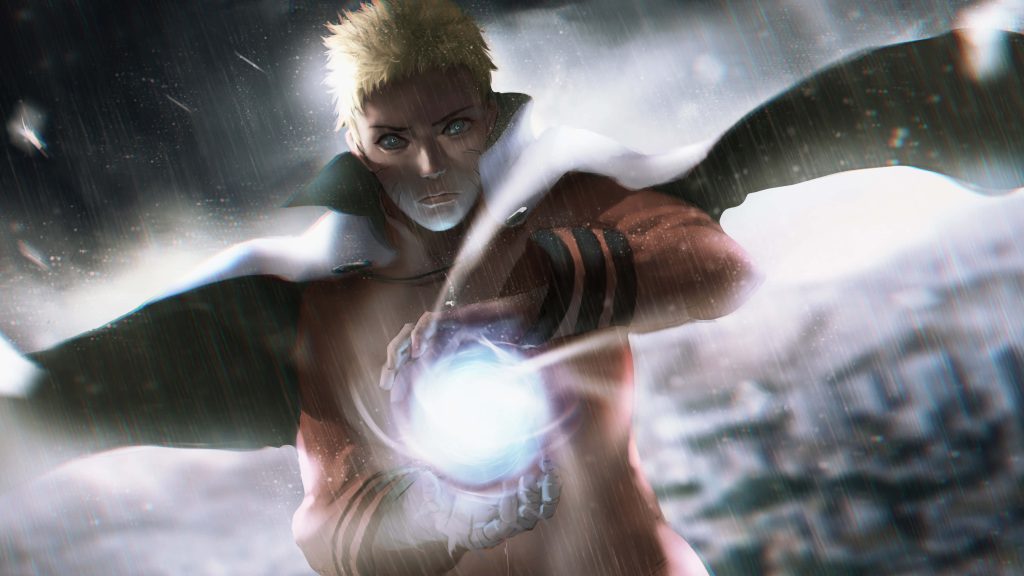 Naruto Uzumaki Seventh Hokage creating blue Rasengan in rain dark anime wallpaper background