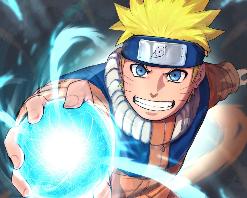 Naruto Uzumaki charging glowing blue Rasengan in dynamic anime wallpaper background