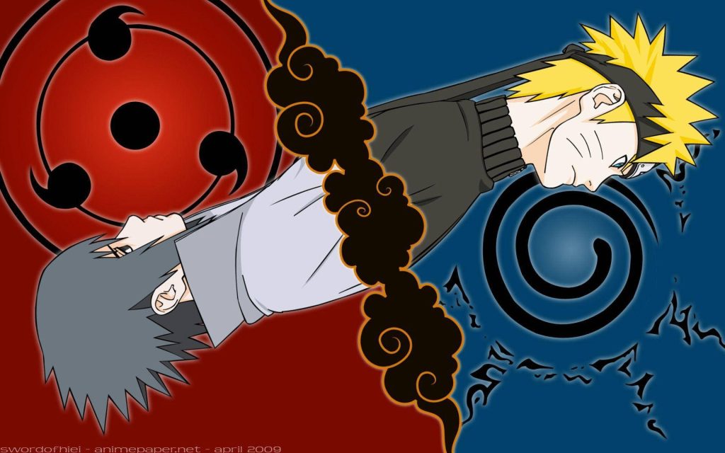 Naruto vs Sasuke anime wallpaper split design with blue energy and red Mangekyo Sharingan background