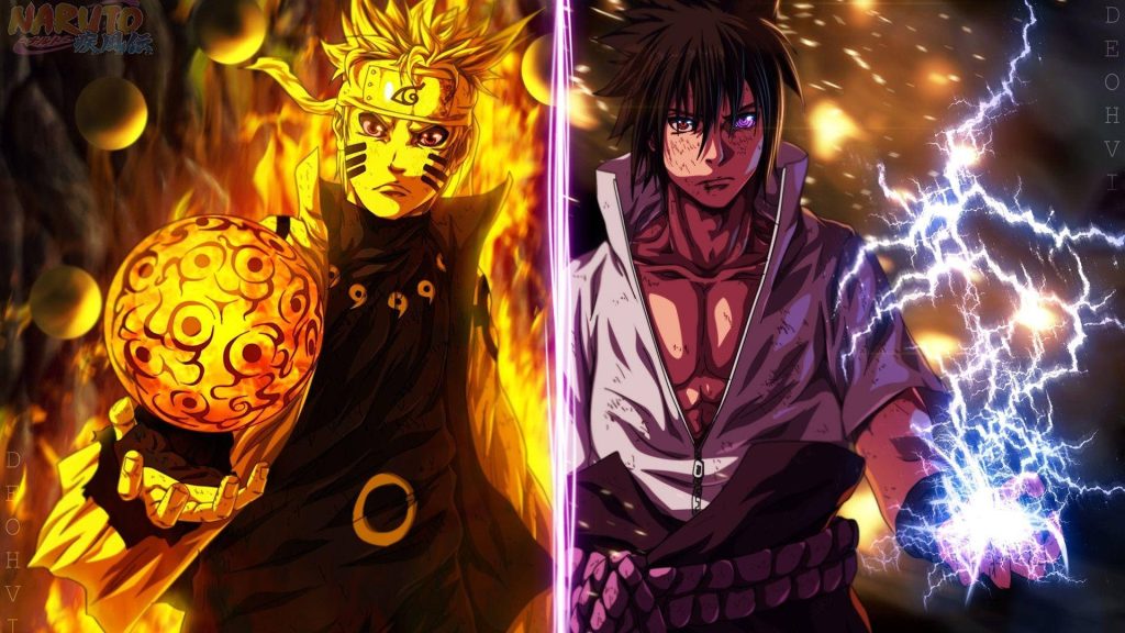 Naruto Six Paths chakra vs Sasuke Uchiha purple Chidori lightning anime final showdown wallpaper