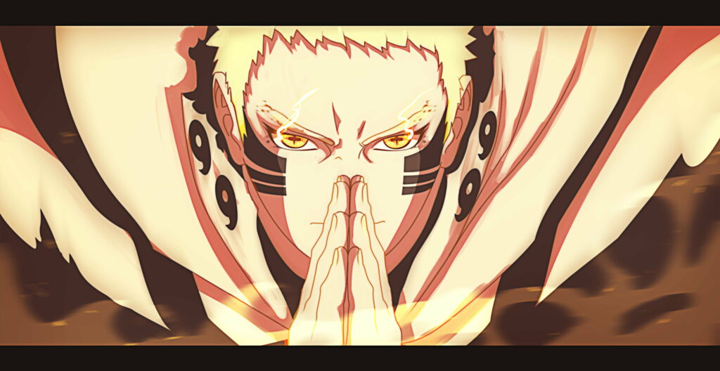 Naruto Uzumaki in Baryon Mode glowing yellow eyes meditative seal fiery anime wallpaper background