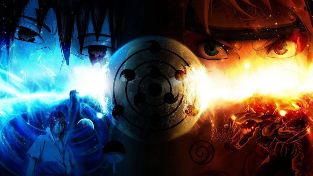 Naruto and Sasuke anime wallpaper split blue energy orange fire Rinnegan Sharingan Uchiha crest