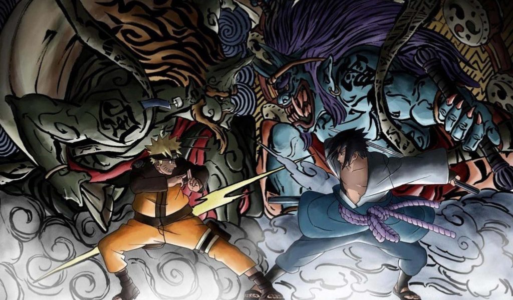 Naruto and Sasuke intense face-off with towering spectral guardians anime wallpaper background