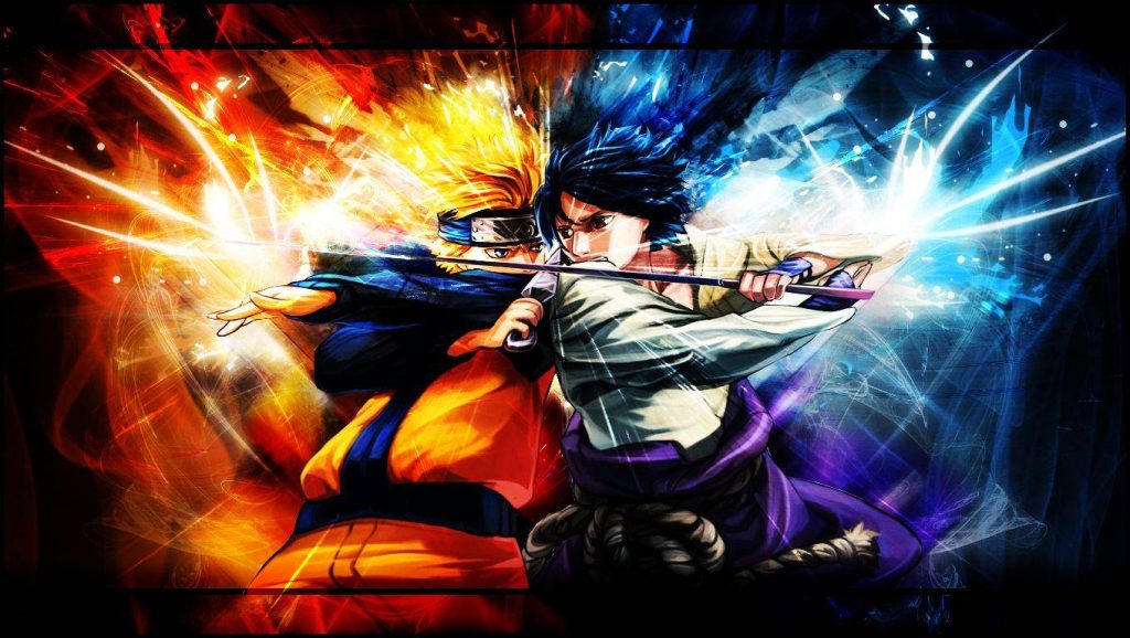 Naruto and Sasuke anime battle wallpaper vibrant orange and blue energy high-energy PC background