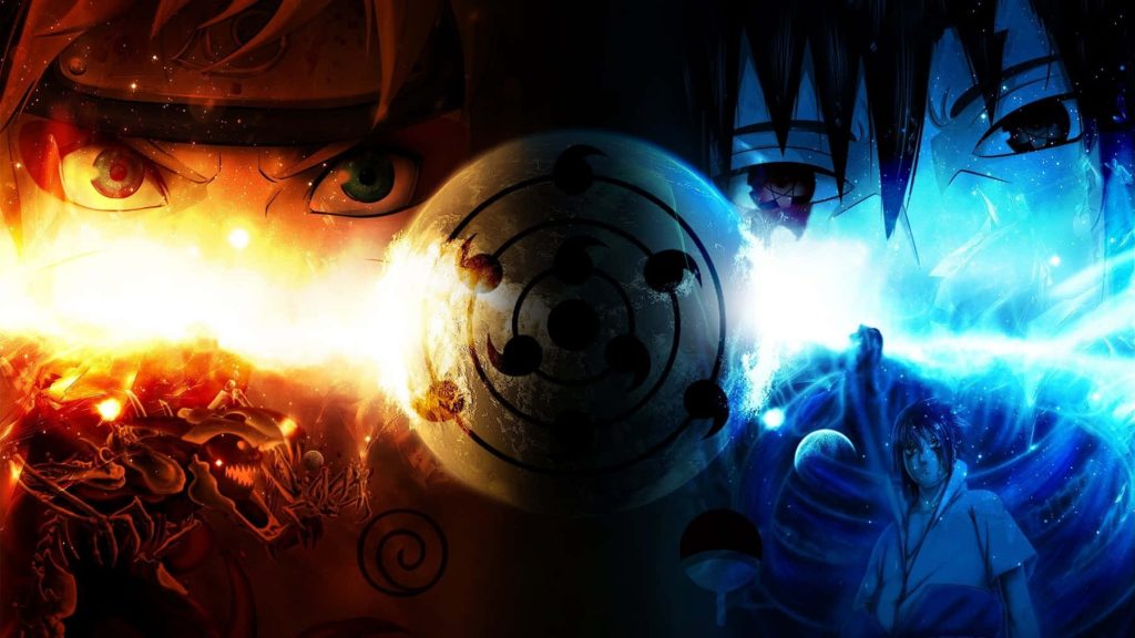 Naruto vs Sasuke anime wallpaper vibrant chakra battle with Rinnegan motif digital art background