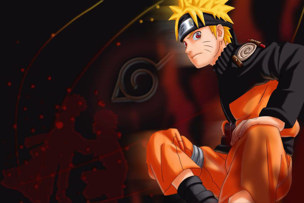 A Mesmerizing Naruto Universe: Red Silhouette of Naruto and Minato under a Metallic Konoha Logo - Striking 3D Background Wallpaper