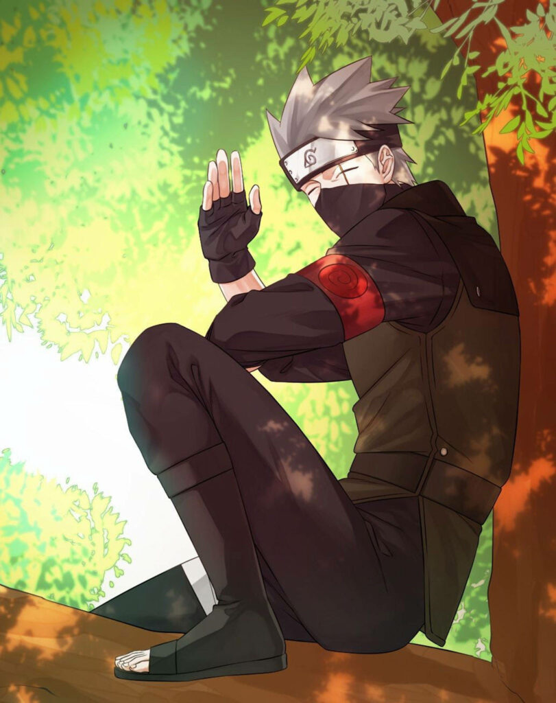Enigmatic Kakashi: A Digital Portrait of Naruto's Mysterious Shinobi Sitting on a Tree, Radiating Joy Wallpaper
