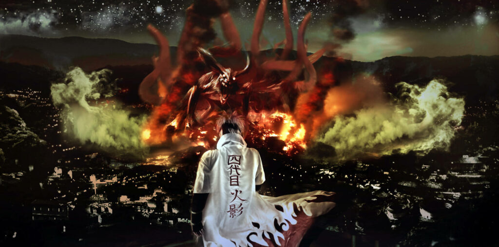 The Majestic Hokage: Minato Confronts the Fierce Kyuubi in Naruto's iPad Wallpaper