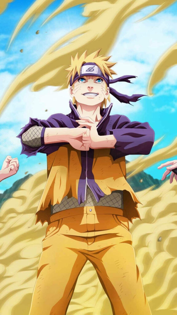 Shadow Clone Shenanigans: Naruto Masters Kage Bunshin No Jutsu amidst an Elemental Sandscape - Vibrant 4k Anime Cellphone Wallpaper