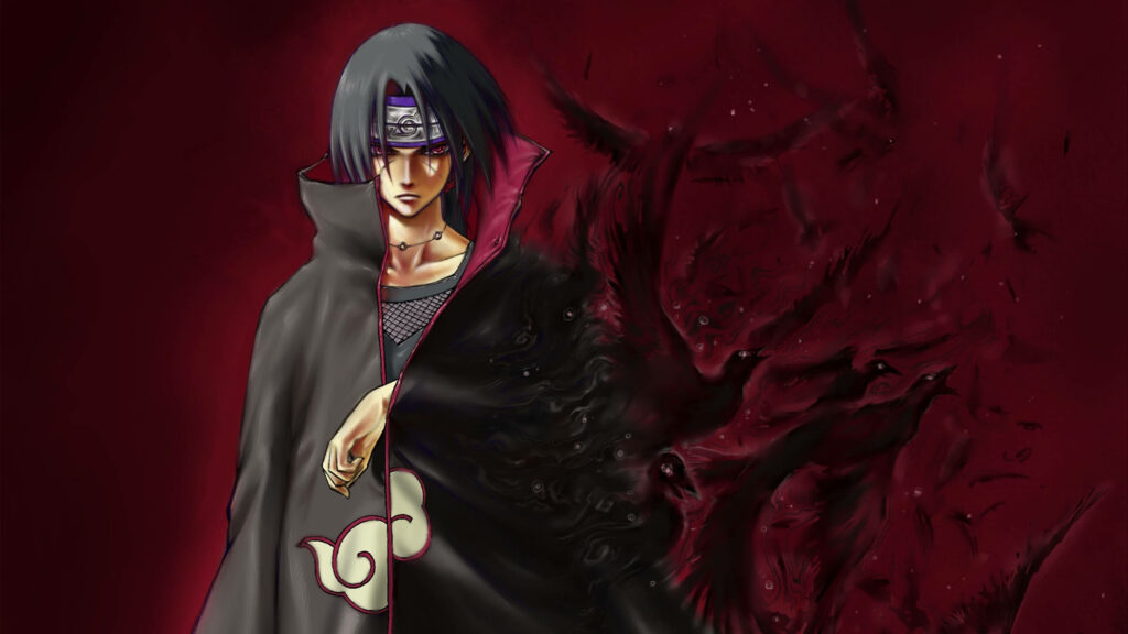 Eternal Mangekyou: Itachi Uchiha Emerges Amidst a Sea of Crows in Fiery Avidity - A Striking Naruto Wallpaper for Your iPad