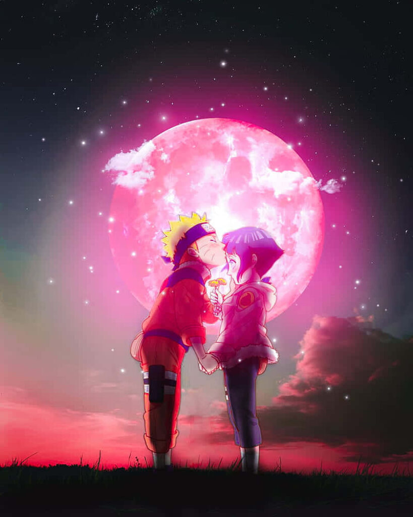 Starlit Love: Naruto's Tender Forehead Kiss Under the Blushing Moonlight Wallpaper