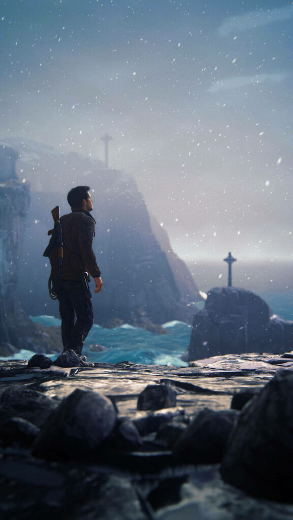 Nathan Drake Wallpaper: Adventurous Cliff Scene in Snowy Mist