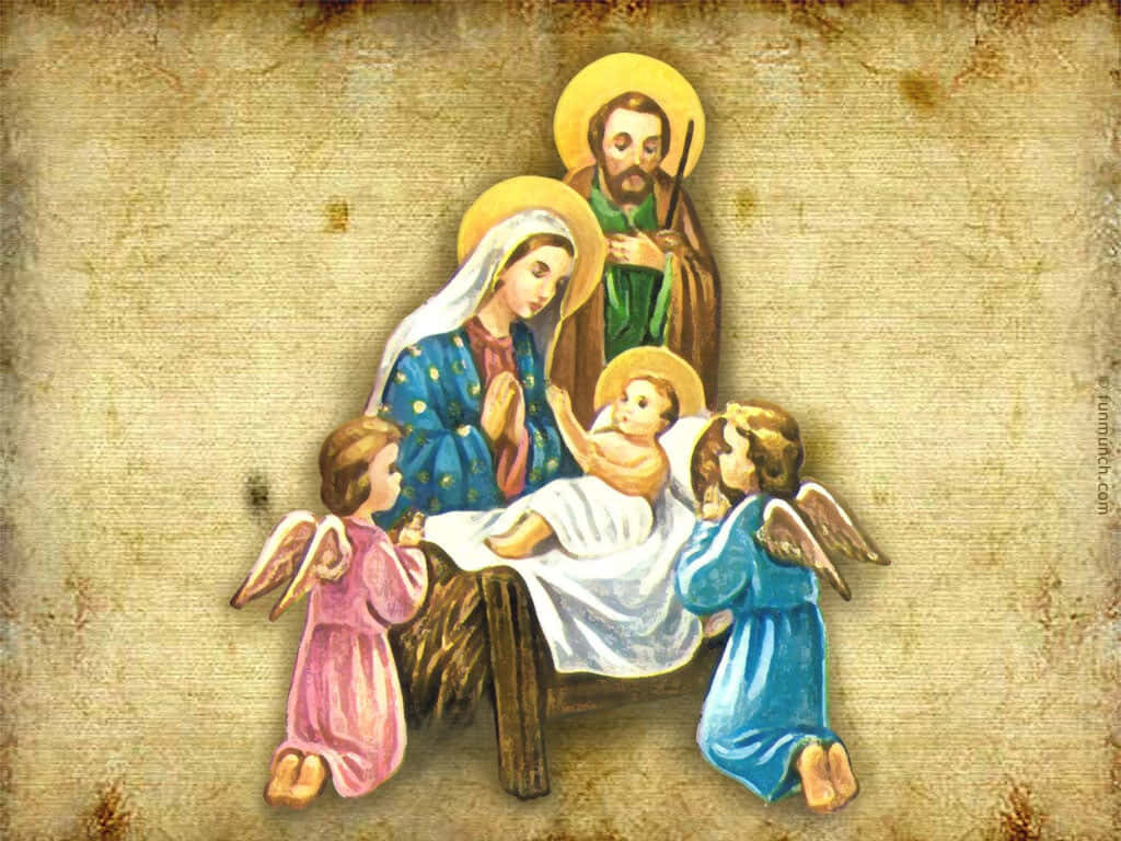 Nativity Scene Wallpaper: Mary, Joseph, Baby Jesus & Angels Background