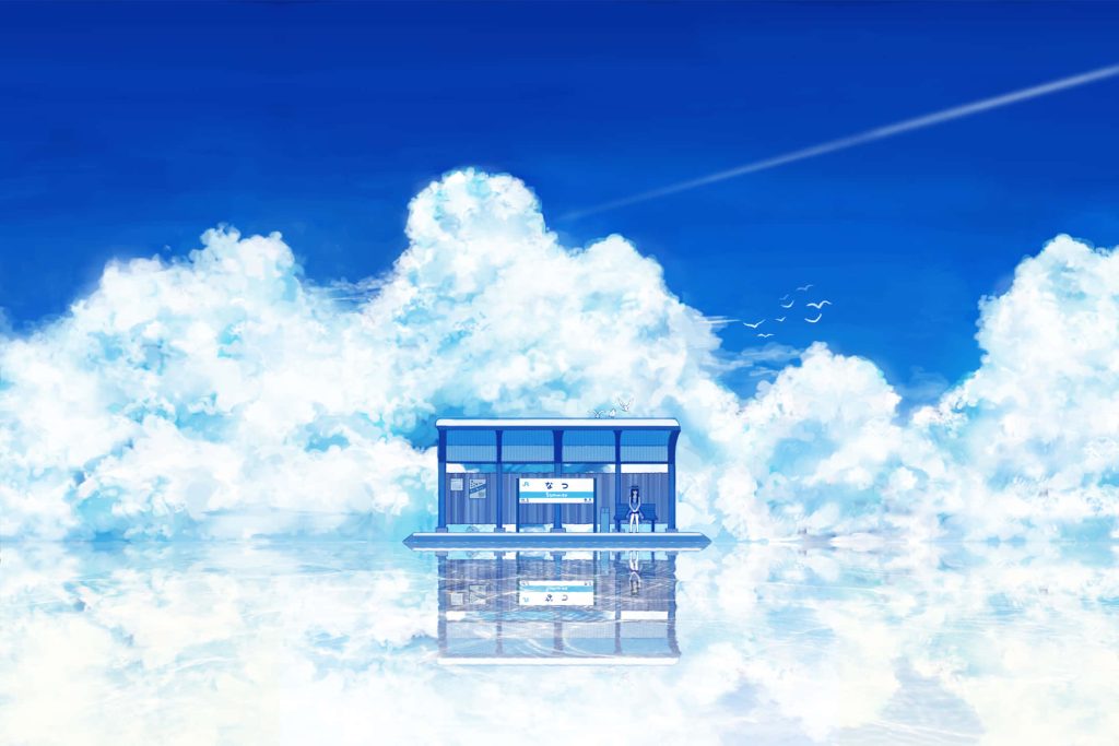 Dreamlike anime train platform Natsu summer clouds blue sky serene reflection wallpaper background