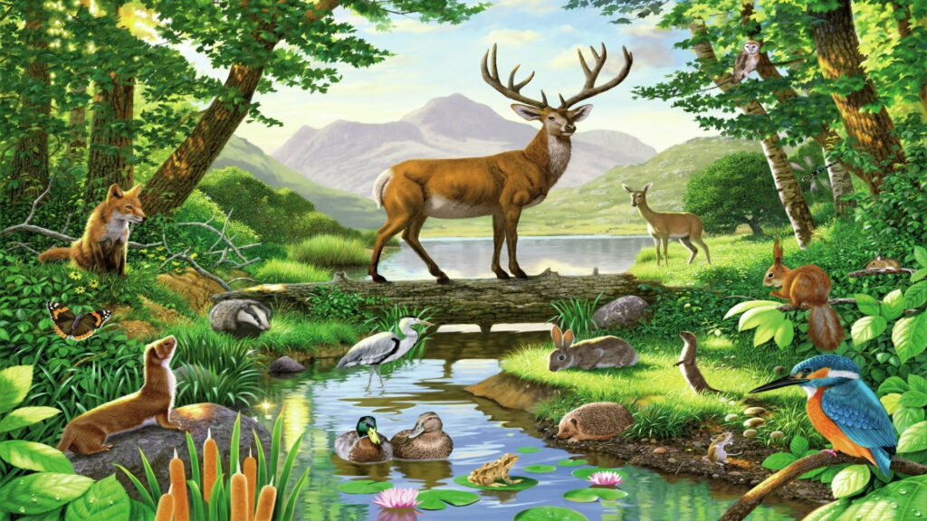 Nature's Masterpiece: Wildlife Symphony Amidst Verdant Woodlands Wallpaper