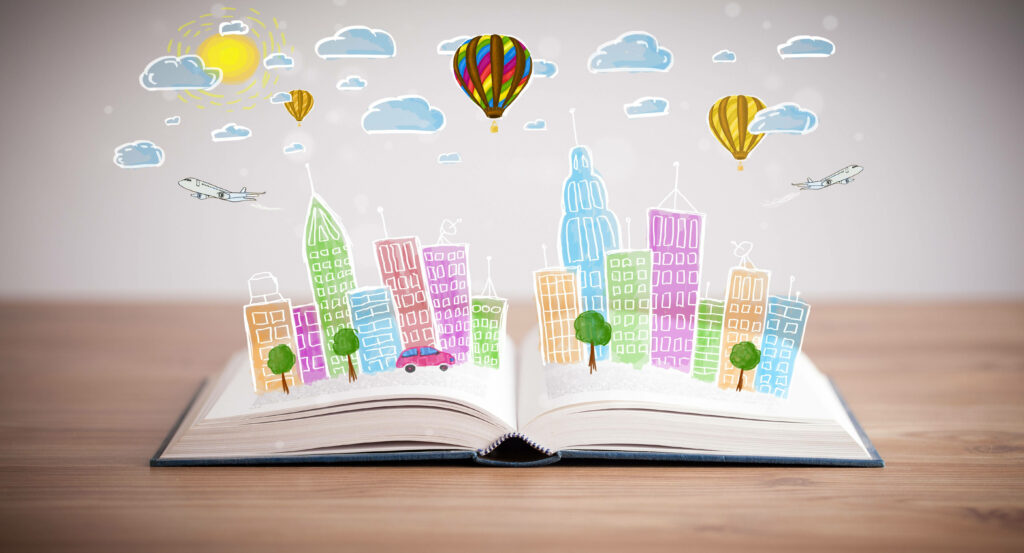 Hues of Imagination: A Girl's Artistic Rendering in an Open Book Wallpaper