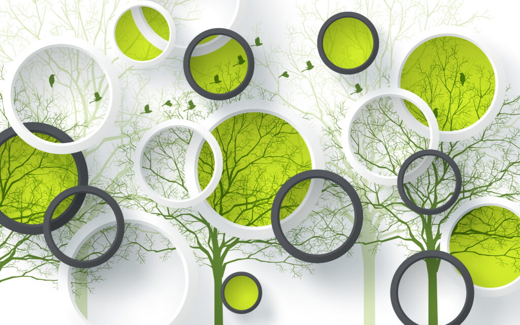 Circles of Nature: A Unique White and Green Tree Wall Painting with Bird Designs as 4K Background Photo Wallpaper