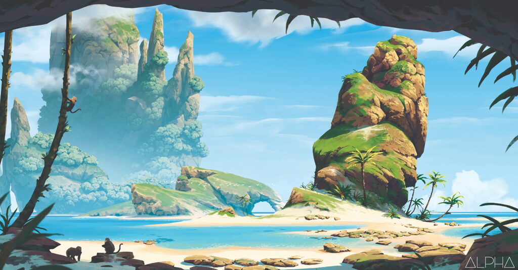 3944x2056 UHD 4K Serene Coastal Haven: Majestic Mountains, Playful Monkeys, and Artistic Seascape - A Stunning HD Wallpaper Background