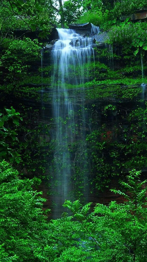Enchanting Nature's Cascade: Captivating iPhone Snapshot of Majestic Waterfall amidst Lush Greenery Wallpaper