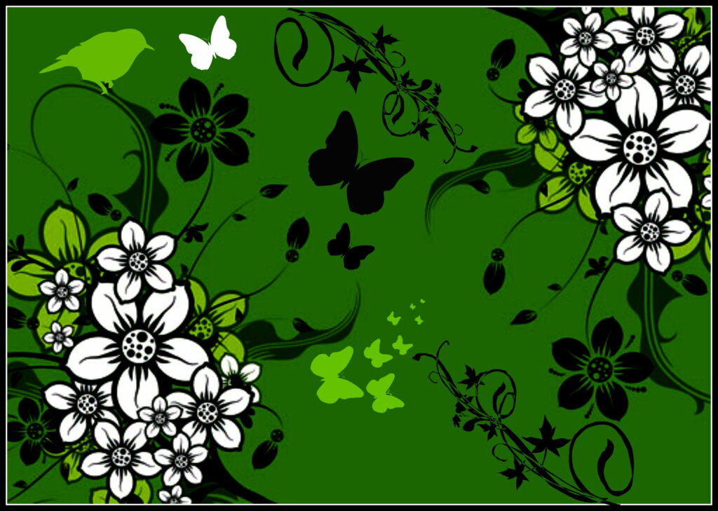 Nature Serenade: Vibrant Botanical Vector Backdrop adorned with Birds, Butterflies, and Blooms Wallpaper