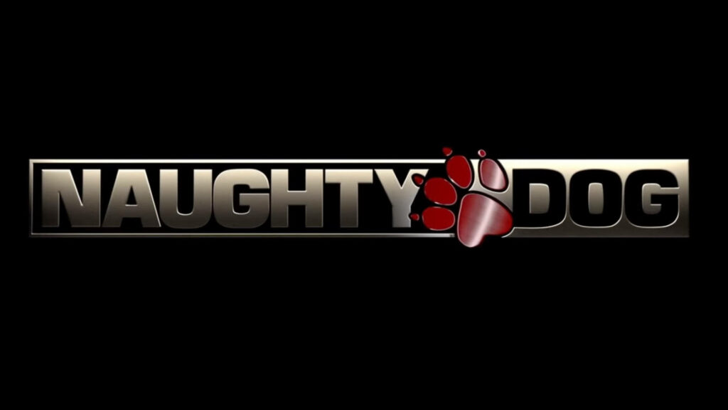 Naughty Dog Logo Wallpaper: Metallic Text & Red Paw Print on Black