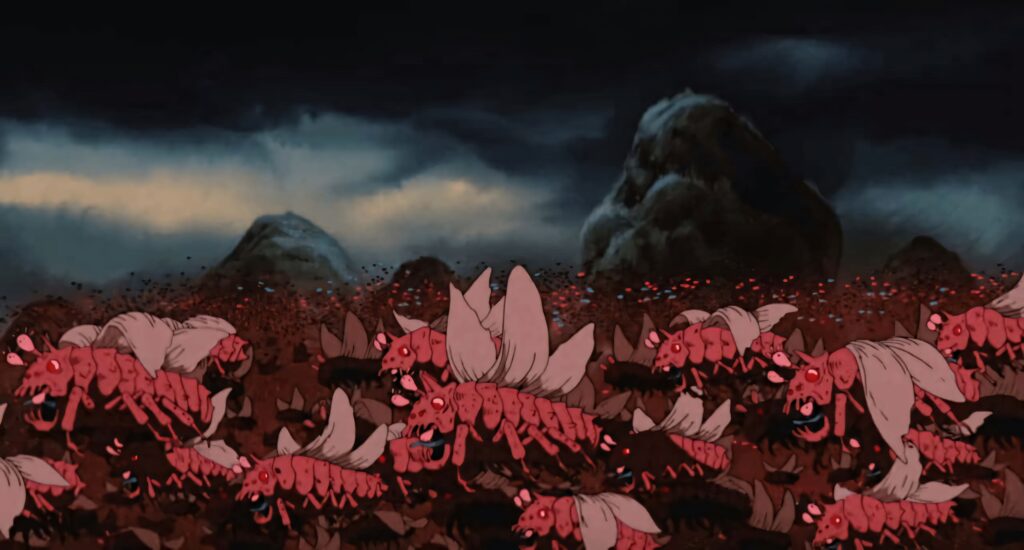 Nausicaä inspired wallpaper red insect swarm on forest floor stormy sky dramatic background
