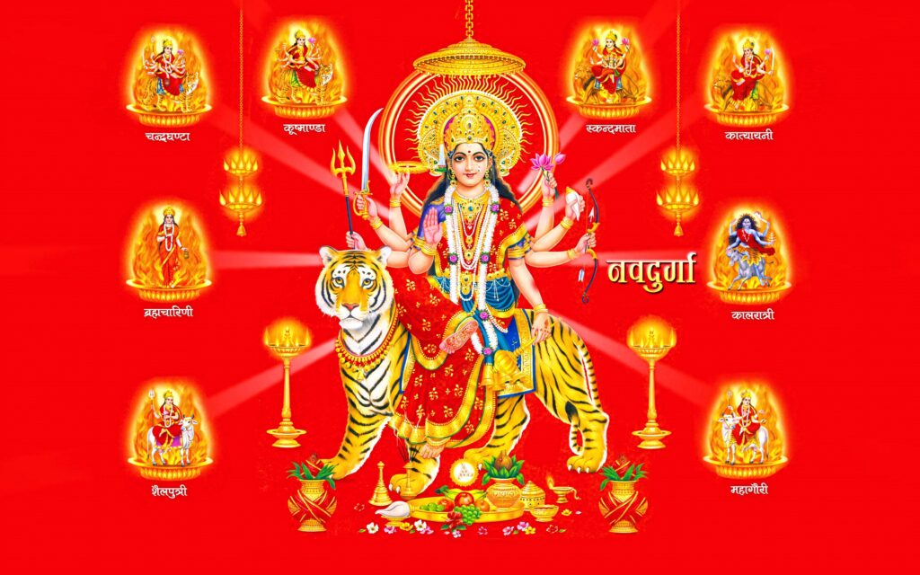 Nav Durga red wallpaper with Goddess Durga on tiger and nine divine manifestations glowing halos