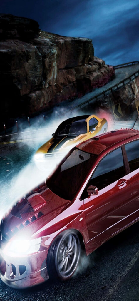 Two high-performance cars race sharp night curve Need For Speed Heat intense mountain wallpaper