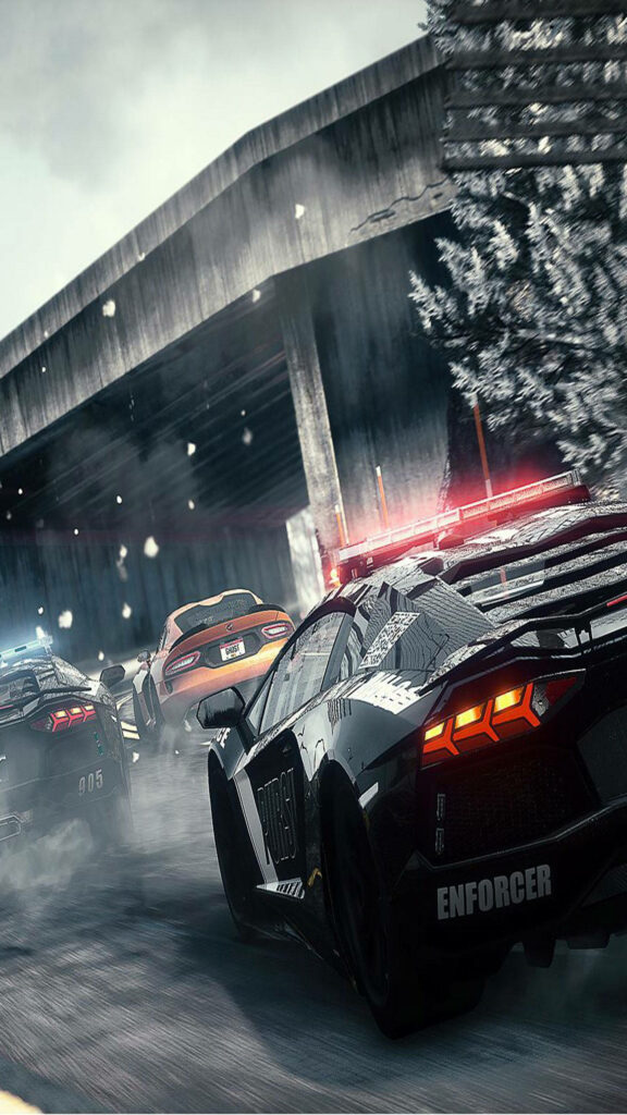 High-Octane Pursuit: Need For Speed iPhone Wallpaper Capturing the Thrilling Police Chase in the Asphalt Jungle