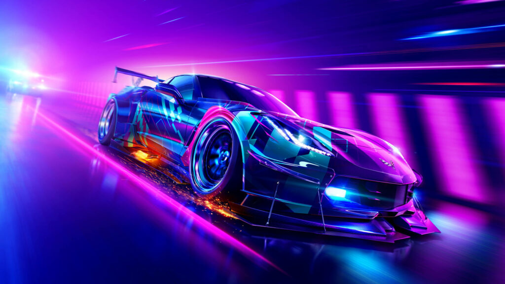 Sleek sports car racing through neon-lit cityscape high speed street racing wallpaper background