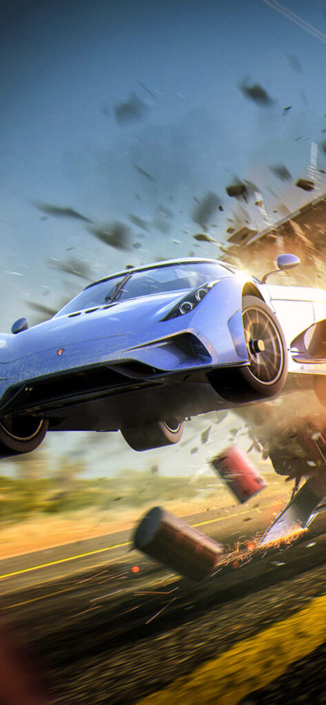 Grey sports car smashing obstacles in high-speed Need For Speed Payback action wallpaper background