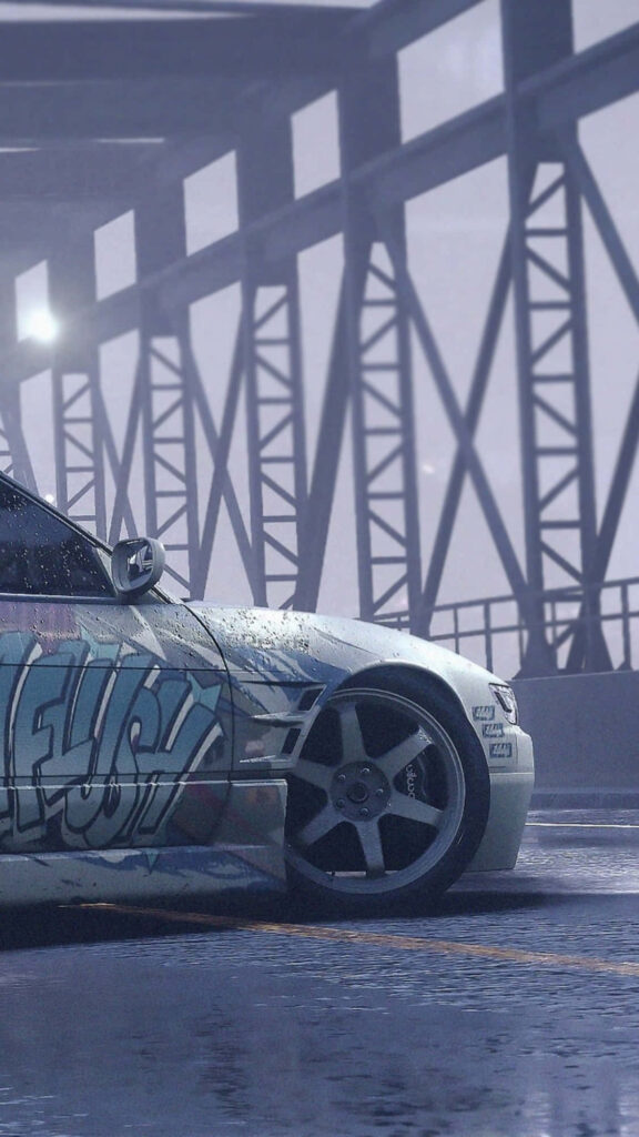 Need For Speed Payback car with graffiti parked on wet bridge in misty grey atmosphere wallpaper