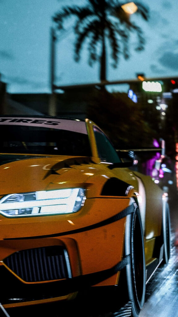 Yellow Bugatti speeding through vibrant city street at night Need For Speed Payback wallpaper