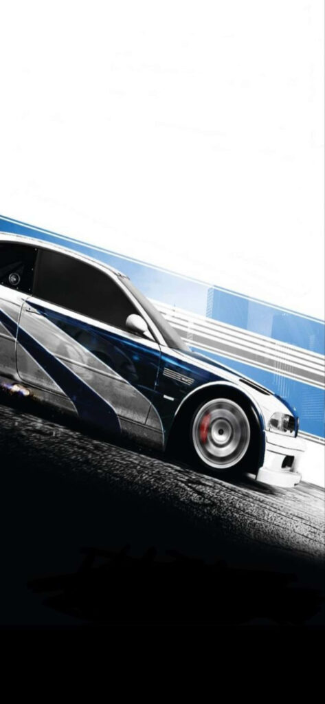 White sleek car speeding on modern racetrack with blue accents inspired by Need for Speed Heat Wallpaper