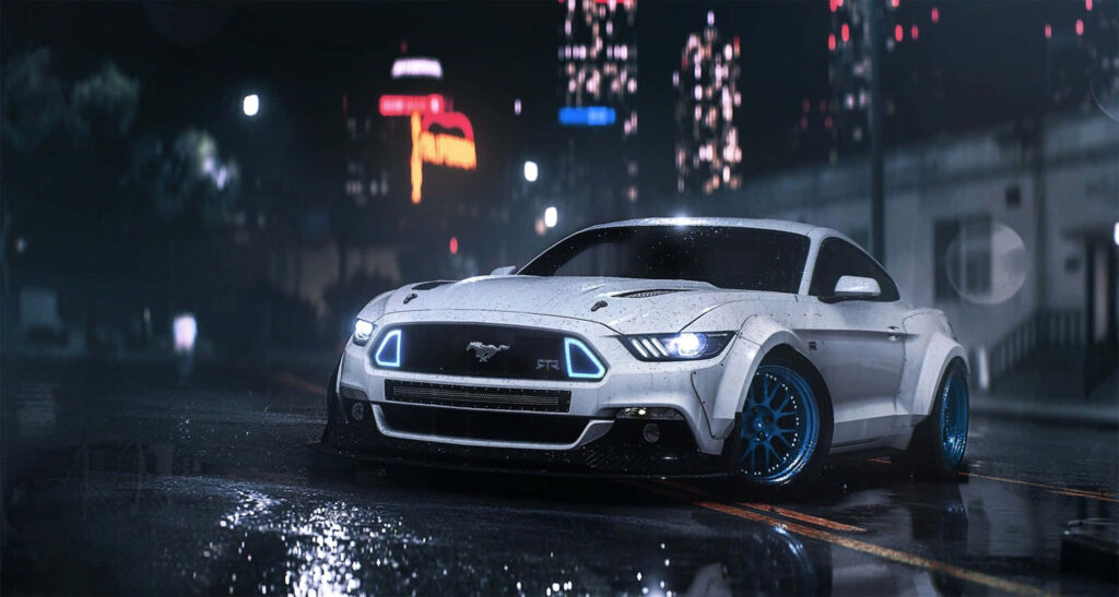 Need for Speed Wallpaper: Stunning White Mustang in City at Night