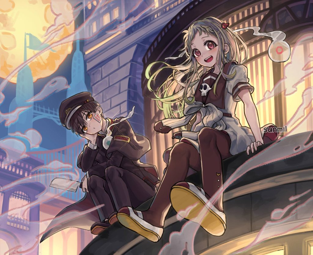 Nene and Hanako-kun anime wallpaper rooftop moon night ghost wisps supernatural cityscape background