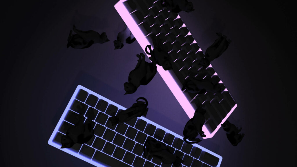 Futuristic Keyboard Illuminated by Indigo and Pink Neon with Whimsical Arrangement of Black Cats Wallpaper