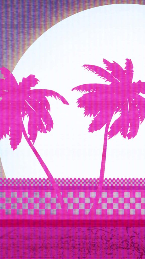 Hotline Miami neon pink palm trees synthwave wallpaper with CRT glitch and digital checkerboard