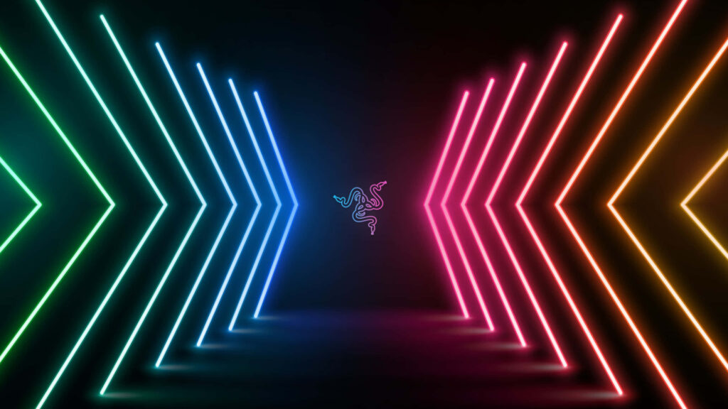 Dynamic Neon Abstract Wallpaper: Light Beams & Glowing Emblem