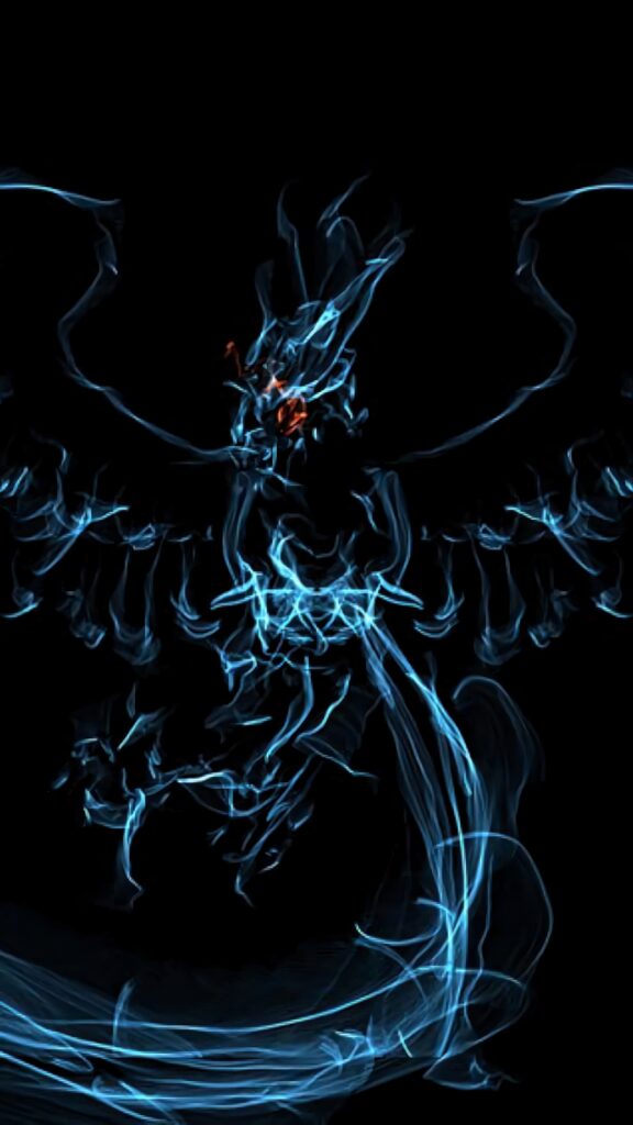 Neon Articuno graphic wallpaper glowing blue lines legendary Pokémon dark ethereal design