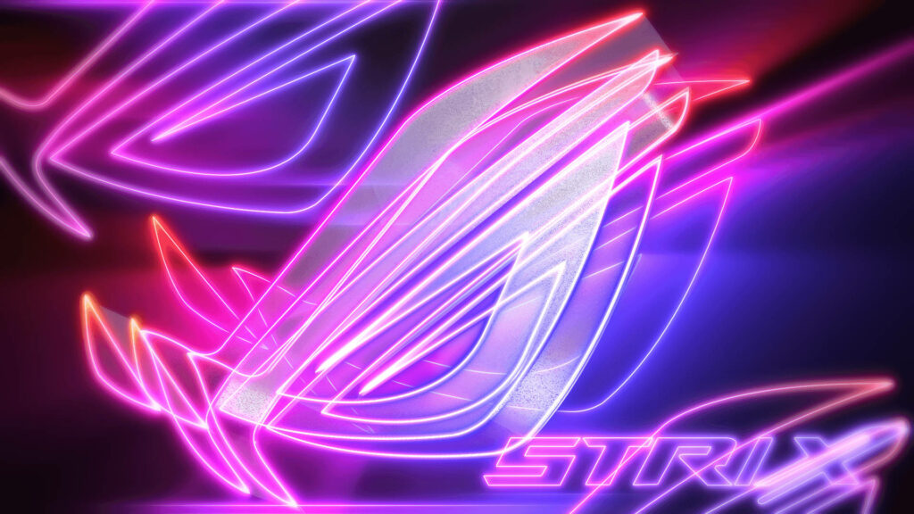 Neon Asus ROG Strix logo wallpaper glowing in electric purple and pink high-tech gaming style