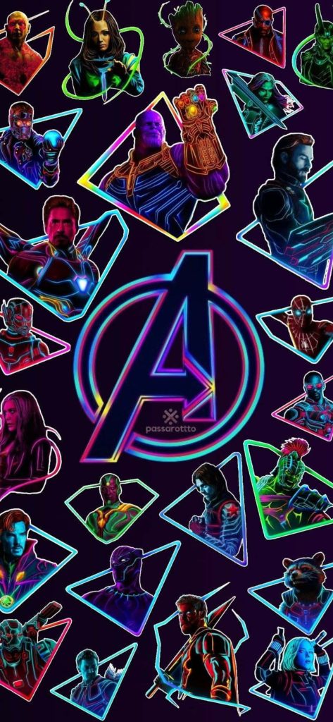 Neon Avengers wallpaper with Thanos Iron Man in glowing triangular frames vibrant Marvel art